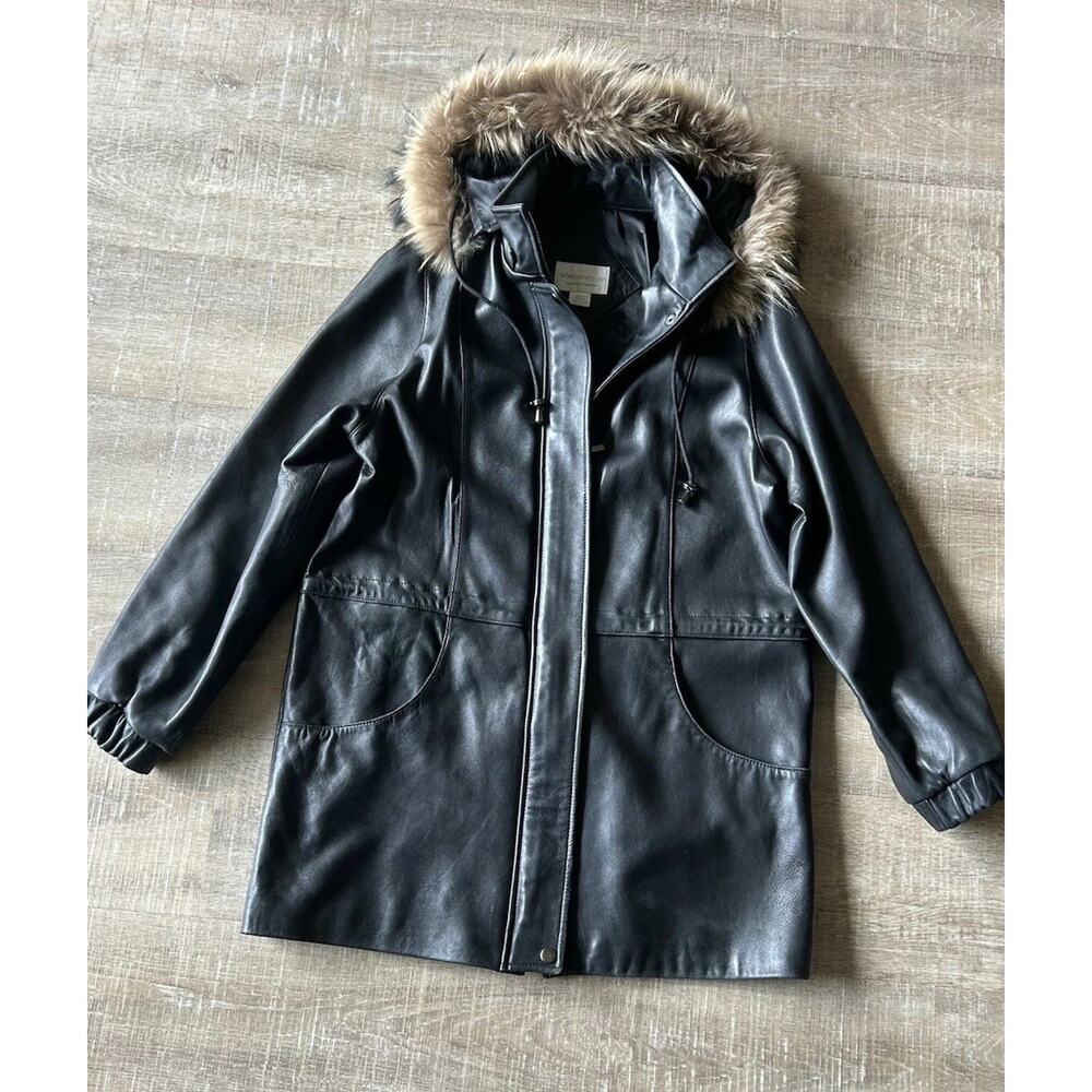 Vintage Worthington Lambskin Leather Parka Women M Raccoon Fur Hood Black Y2K - Picture 16 of 16